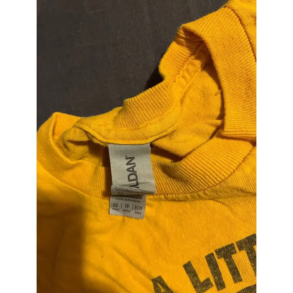 CAT Long Sleeve Shirt Unisex XS A Little Dirt Never Hurt Yellow Graphic Workwear - Picture 4 of 4